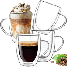 Taza de café de vidrio aislada de doble capa con asa, taza aislada de doble pared con tapa, disponible en tamaños de 250ml/350ml/450ml, adecuada para café, capuchino, latte, bebidas calientes y frías, ideal para el Día de la Madre, Pascua, Navidad, reuniones familiares, fiestas de cumpleaños
