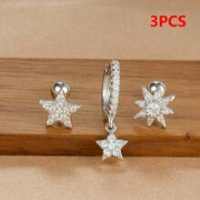 3pcs/Set Boucles d'oreilles pendentif étoile & lune plaquées or 18K, style femme, incrustées de zirconium cubique, boucles d'oreilles à tige en cuivre et acier inoxydable, boucles d'oreilles à vis, bijoux de perçage du cartilage - Ensemble de boucles d'oreilles 3 pièces - Voir 13
