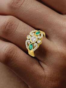 1 件时尚方晶锆石几何铜戒指，适合女性日常佩戴、订婚、婚礼、派对礼物 - 1# - 查看 3