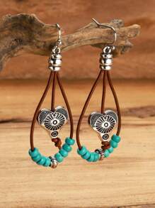 1 Pair Bohemian Style Alloy Heart Pendant With Turquoise Beads Layered Dangle Earrings, Vintage Fashion Jewelry Gift For Women, Suitable For All Seasons