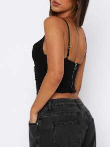 女士性感夏季网纱蕾丝露脐吊带背心，适合海滩、派对等场合 - 黑色 - 查看 5