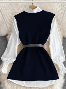 Liuhan Modasfeminina 2 Pieces/Set Spring White Lantern Sleeve Vest And Open Front Loose Fit Knitted Vest 2025 Women Layered Outfits Sets With Belt - 藏蓝色 - 查看 2