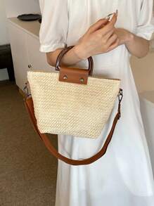 1 件时尚休闲通勤简约度假风格纯色草编轻便多功能通勤女士草编沙滩手提包适合户外度假旅游休闲购物与时尚服饰搭配