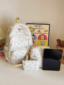 3 件套米色尼龙蝴蝶结印花多口袋可折叠防水拉链背包，适合青少年、高中生/大学生、女士日常、上学、培训、通勤、购物、旅行、情人节礼物 - 米色 - 查看 6