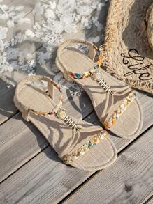 WRCVS صنادل شاطئ صيفية للنساء بكعب مسطح من القماش المنسوج خفيفة الوزن مانعة للانزلاق، ذات نموذج بوهيمي عشوائي بنقشة حبل وبأنماط رجعية، بطرف دائري مناسبة للطالبات