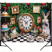1件装魔法茶会摄影背景布 - 优雅的格子图案和兔子设计，涤纶材质，适用于生日蛋糕桌、庆祝活动、仙境主题、派对摄影背景 - 彩色 - 查看 7