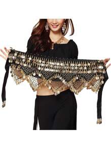 1pc Elegant Black Sequined Belly Dance Waist Chain Belt - Made Of Polyester Fiber With Tassel Details, Suitable For Eastern And Dance Styles Summer, School Fall, Autumn, Halloween