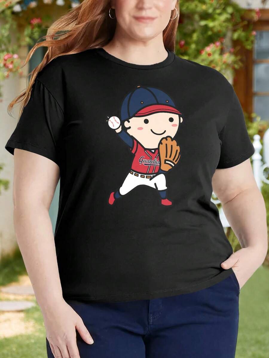 Player Chibi Cute Baseball Team Cleveland Guardians MLB Oversize Women T-Shirt For Women (Large Size) - Baseball Gift For Baseball Lovers - Black - View 1