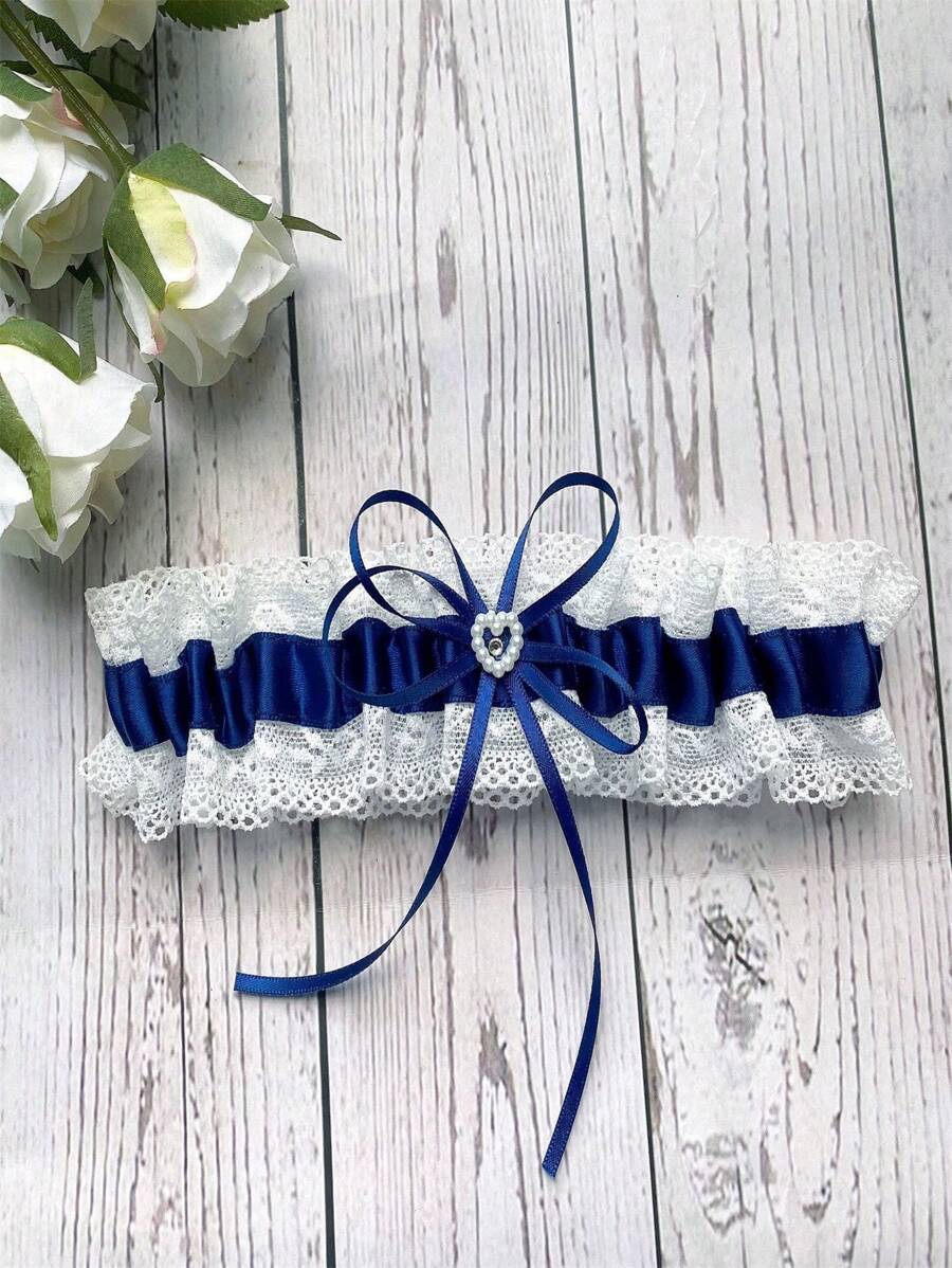 Medias vintage de novia azul marino con bandas de liga de encaje, lazos y decoraciones con strass, anillos de muslo sexy para boda, fiesta, baile