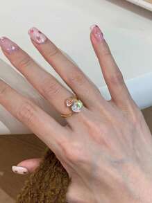 1pc Fashion Pink Cubic Zirconia Gold Open Ring, Suitable For Women's Daily Wear