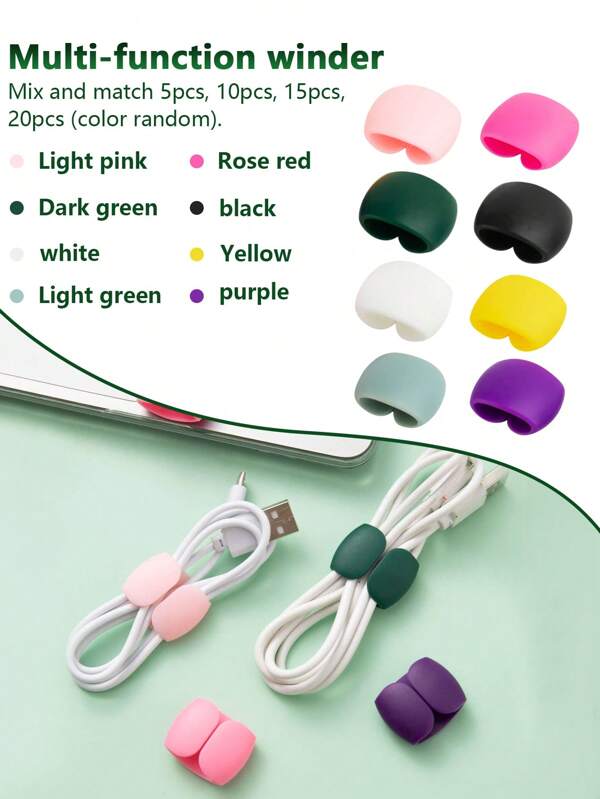 5pcs/10pcs/15pcs/20pcs Simple Solid Color Multi-Functional Cable Winders, Computer Headphone Charger Line Storage Clips, Travel Data Cord Organizer Clips (Random Color) Cable Organizer