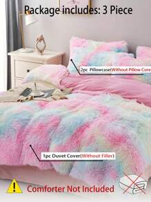 彩色人造貂毛床上用品套裝，包括被套、床單和枕套，共3件