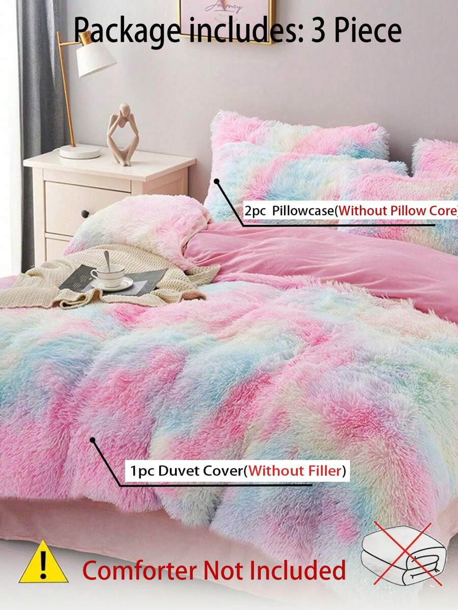 彩色人造貂毛床上用品套裝，包括被套、床單和枕套，共3件