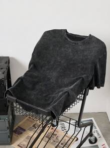 Shwiy Men's Washed Black Short Sleeve T-Shirt, Minimalist Dystopian Style Suitable For Daily, School, Casual Wear, Emo, 2000s Style - Black - View 3