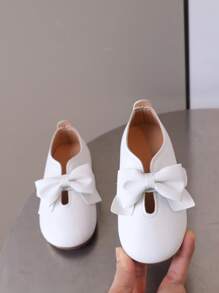 1 Pasang Sepatu Flat Anak Perempuan Lucu dengan Hiasan Pita, Bahan PU, Nyaman, dan Perekat Velcro, Cocok untuk Pemakaian Sehari-hari, Sepanjang Musim - Putih - View 6