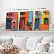 Set de 3 impresiones en lienzo de arte abstracto moderno - Vibrante escena de la calle de México, perfecta para la decoración del hogar y la oficina, póster de pueblo vibrante, decoración para dormitorio universitario, apartamento, regalos para decorar paredes en hotel, hogar, sala de estar, dormitorio, baño y oficina