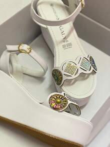 Sandalia Plataforma  Mujer cómodos, Ajuste Tobillo,de lentejuelas con estampado de girasoles - Blanco - Ver 2