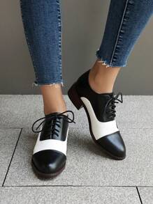 Women's Flat Oxford Shoes, New Collegiate Style Small Leather Shoes, Lace-Up Contrast Color Brogues