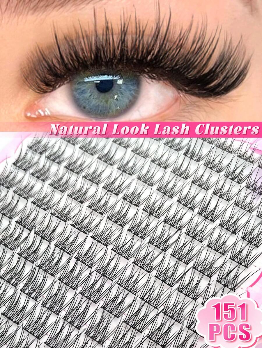 Queenice 151片自然单根假睫毛，粗茎设计，精致轻盈，超级柔软，可重复使用，分段式睫毛，适合居家或户外使用，日常、婚礼、约会、派对、新年等各种场合。睫毛簇，单根假睫毛，假睫毛 - D - 查看 1