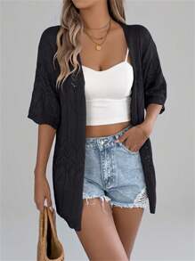 Women Beach Lace Crochet Short Sleeve Knit Cardigan Cover Up Solid Summer Vacation Boho Lightweight - Black - View 4