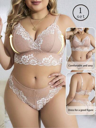 Conjunto de lencería de encaje y parches para mujer de talla grande, sujetador inalámbrico suave y cómodo