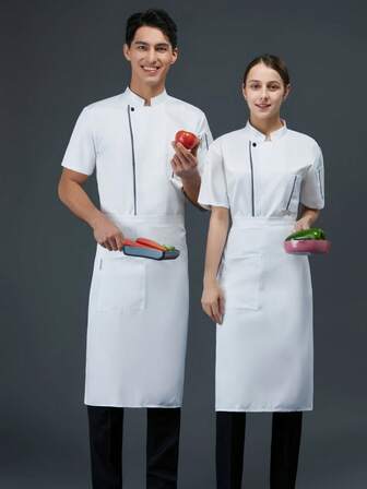 Ny anpassad kockuniform unisex kortärmad kontrastfärgad enkelknäppt vit lyxklädsel för hotell, västerländsk restaurang, bageri, café, blomsteraffär, grillrestaurang, snabbmatsrestaurang. Snygg design, praktiska fickor, andningsbart och slitstarkt tyg