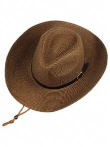 1pc Men's Summer Solid Color Leather Belt Decor Straw Woven Foldable Sun Protection Hat, Fashion Large Brim Brim Panama Hat Suitable For Daily Outdoor Use