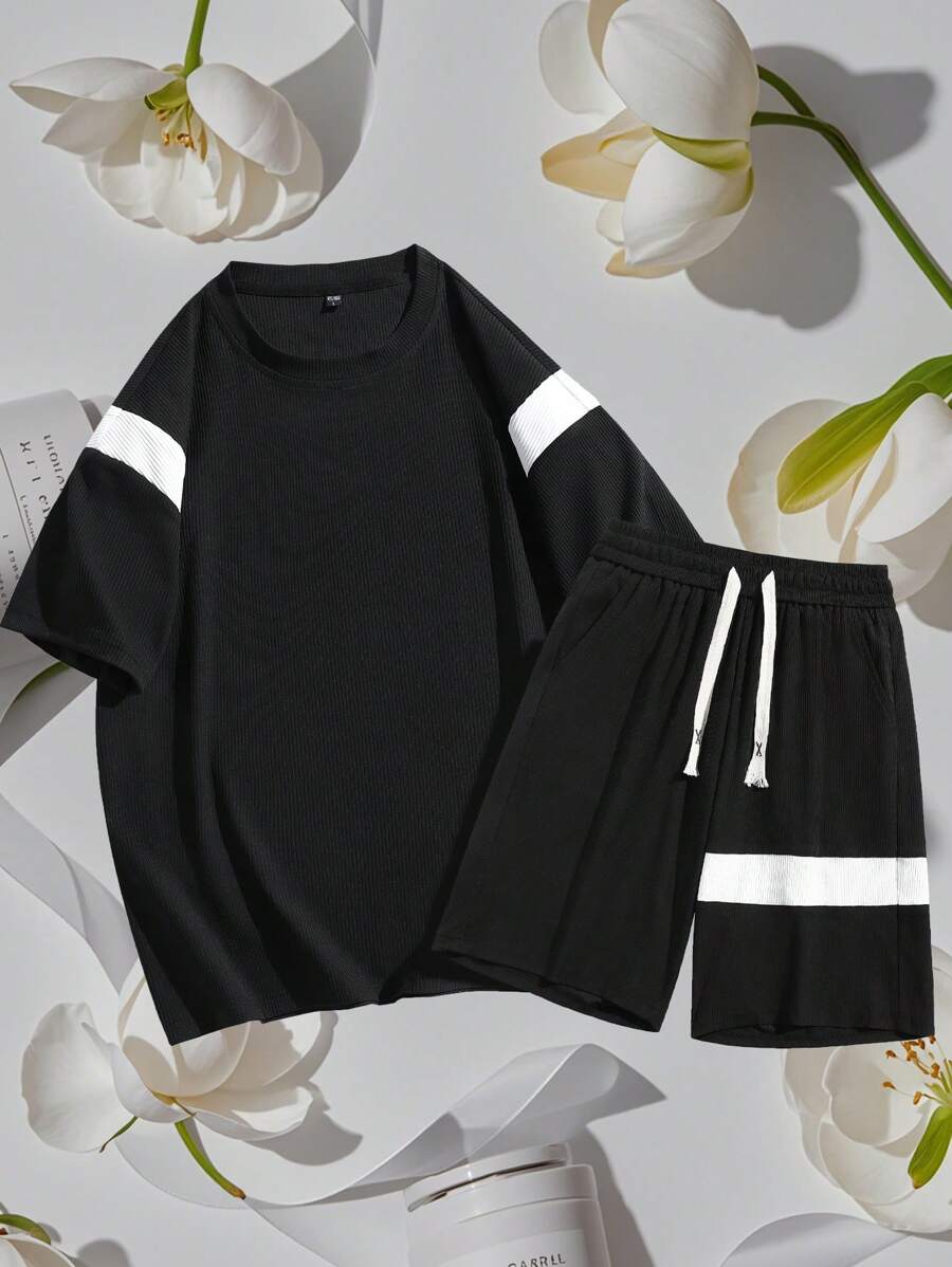 New Spring/Summer Men's Sports Quick-Drying Breathable Patchwork Set - Black - View 1