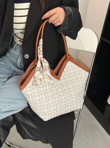 Túi vải Tote đeo vai vải tuýt họa tiết kẻ caro nhẹ, di động, thời trang, giản dị, dành cho bé gái, phụ nữ, sinh viên đại học, nhân viên văn phòng và công nhân viên chức cho mùa thu, mùa đông, công sở, văn phòng, đi làm, mùa thu và mùa đông, ngoài trời - trắng - Xem 6