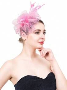 头饰帽子花朵网眼丝带羽毛头带和夹子茶会头饰适合女孩和女士 - 粉色 - 查看 2