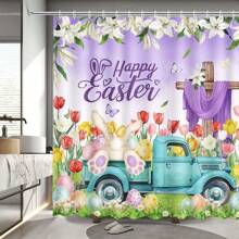Easter Bunny Shower Curtain Spring Tulip Flower Truck Shower Curtain For Bathroom Easter Rabbits Cross Shower Curtain Happy Easter Bathtub Decor Home Bathroom Decor Bathroom Accessories Back To School
