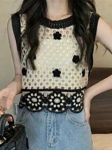 女士时尚黑白复古钩针镂空针织背心