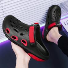 Men's Breathable Hollow-Out Sandals, Black Solid Color, Thick Sole, Slip-Resistant Soft Bottom, Outdoor Beach Slippers, Elevator Shoes - Black - View 5