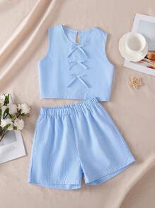 2 Pieces Elegant Casual Tween Girls Top Set, Fashionable Waterdrop Buckle Top Sleeveless Top+Sports Shorts Set, Comfortable And Soft Fabric, Suitable For Festivals Such As Spring, Summer, Autumn, Winter, Etc., Suitable As An Outdoor Gift For Daughters - Blue - View 2