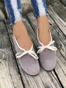 Women's New Sweet Style Round Toe Flat Shoes With Bow, Elegant Comfort Slip-On Shoes, Suitable For Autumn/Winter - Grey - View 1