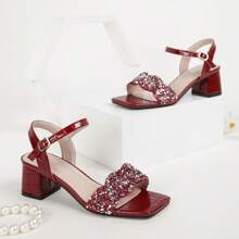 Women's High Heel Fashion Sandals, Crocodile Embossed Side Buckle Strap Square Toe Wide Base Sexy Charming Versatile Party Holiday Outdoor Comfortable High Heel Sandals - Burgundy - View 2