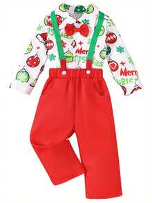 Conjunto de 2 piezas de ropa navideña para bebé niño pequeño, con pajarita, gorro de Papá Noel, estampado de bola y hombre de jengibre, camisa de manga larga con botones y tirantes - Rojo - Ver 1