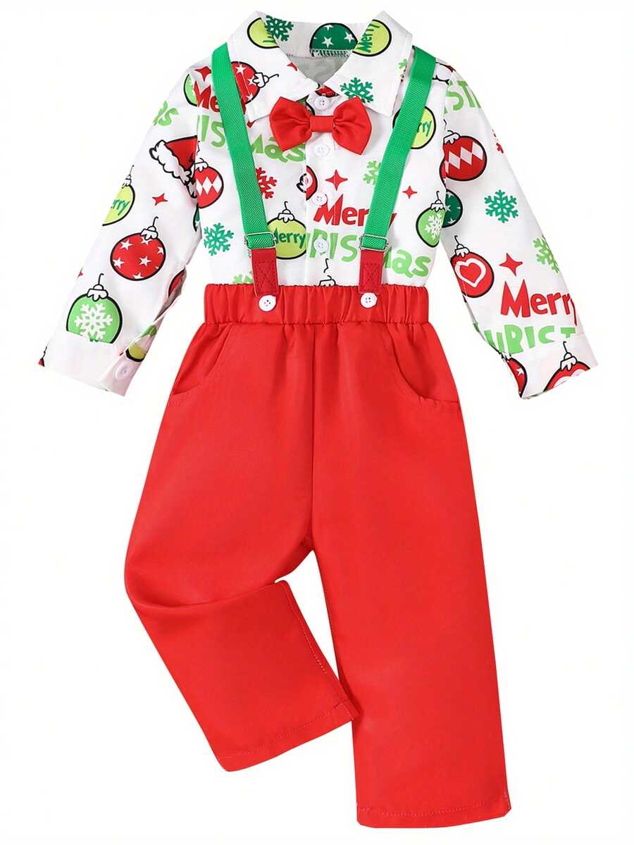 Conjunto de 2 piezas de ropa navideña para bebé niño pequeño, con pajarita, gorro de Papá Noel, estampado de bola y hombre de jengibre, camisa de manga larga con botones y tirantes - Rojo - Ver 1