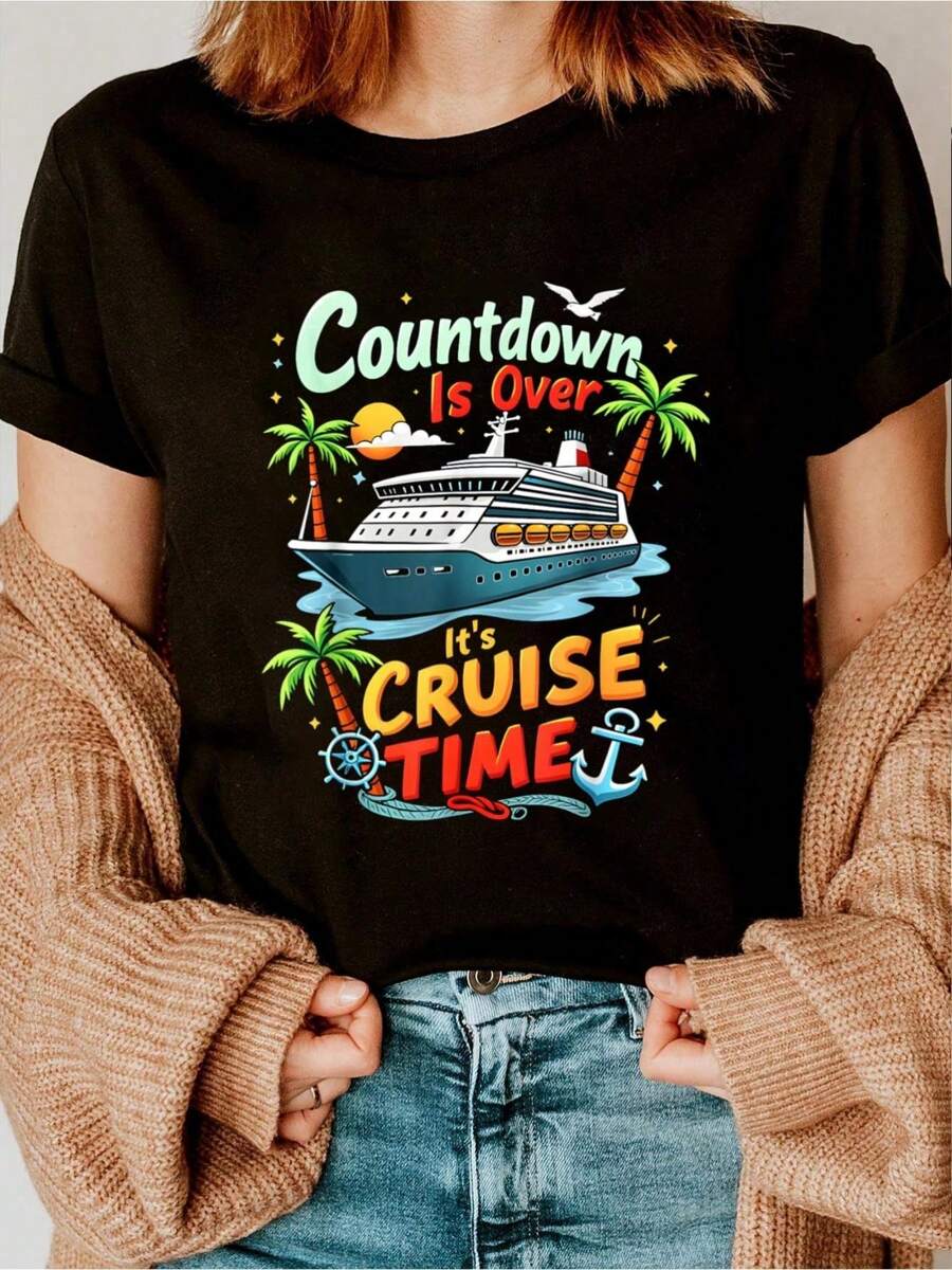 Cruise 2025 Family Cruise 2025 Couple Outfits Friends T-Shirt Printed T-Shirt, Short-Sleeved Crew Neck Casual Top, Suitable For All Seasons, Women's Wear- Comfortable, Relaxed Fit, Printed Graphic Tee For  Sport Lovers