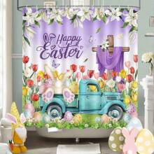 Easter Bunny Shower Curtain Spring Tulip Flower Truck Shower Curtain For Bathroom Easter Rabbits Cross Shower Curtain Happy Easter Bathtub Decor Home Bathroom Decor Bathroom Accessories Back To School