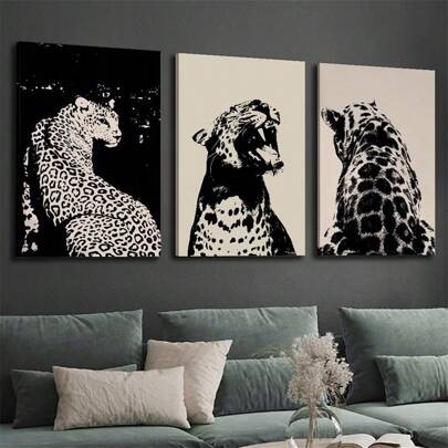 3pcs Jaguar Leopard Print Fashion Cheetah Animal Mural, Minimalist Home Wall Decoration Canvas Wall Decoration Canvas Poster Mural Is Suitable For Bedroom, Mural Art Office, And Living Room Decoration, That Is, Hanging Gift Creative Posters Are Suitable For Home And Office Decoration, Home Oil Painting And Mural Art Decoration