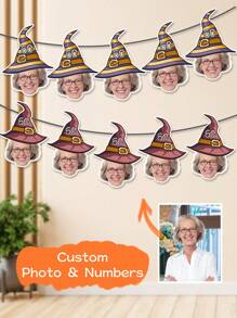 Pancarta personalizada con foto del rostro en sombrero de bruja, decoración de fiesta, pancarta personalizada con foto del rostro para cumpleaños, pancarta de cumpleaños, foto personalizada en pancarta (5 diseños)