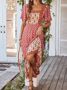 Robe évasée à manches courtes, col carré, imprimé floral élégant, été 2025 resort, pour femmes PoPoHouse