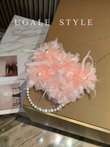 Bolsa transversal Pleated Cloud para mulheres, Clutches de Festa, Bolsas de Seda Pregueada com Flores, Bolsas de Noiva e Casamento, Bolsa de Festa e Formatura, Bolsa Brilhante com Glitter e Strass - Rosa chiclete - Visão 3