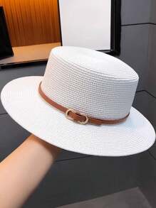 Sunscreen Hat, Summer Straw Hat Big Brim Woven Wide Brim Sun Hat British Flat Top Beach Cap, Fashion Personalized Versatile Solid Color Bohemian Polyester (Polyester) Wind And UV Protection Hat, Spring & Summer - Hat - View 9