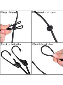 1 Pack Portable Clothesline With 12 Clothespins, Adjustable Elastic Travel Camping Clothesline, Windproof Travel Elastic Retractable Bungee Clothesline For Backyard, Resort Hotel, Balcony Clothes Drying