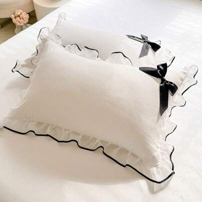 2pcs Lace Ruffle Bowknot Pillowcase Set (Without Filling) - Soft Bedding Accessories