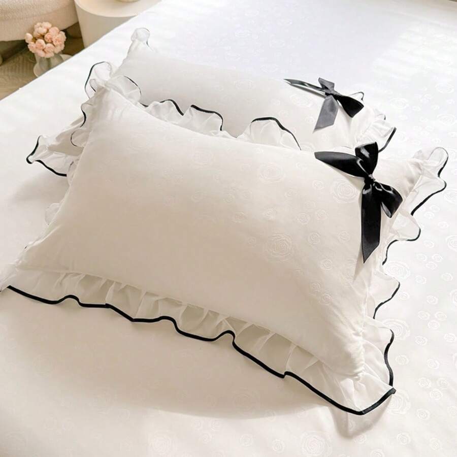 2pcs Lace Ruffle Bowknot Pillowcase Set (Without Filling) - Soft Bedding Accessories - White - View 1