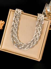 RAYQUEEN 1pc Stainless Steel 6-Layer Braided Necklace, Unique Design, Suitable For Daily Wear - necklace - View 6