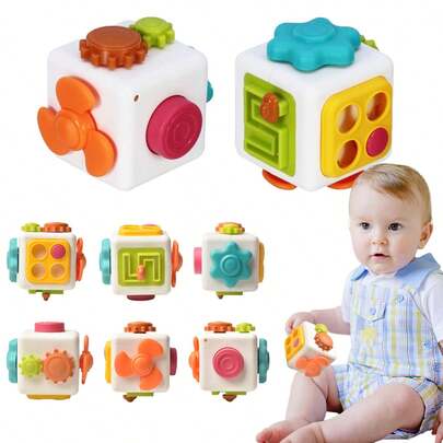 1件蒙特梭利早教小六面体多功能智能玩具，适合宝宝手掌大小，6种新颖游戏方法，儿童魔方玩具，早期学习与认知发展，灵活手指锻炼，适合0-3岁生日礼物（颜色随机）